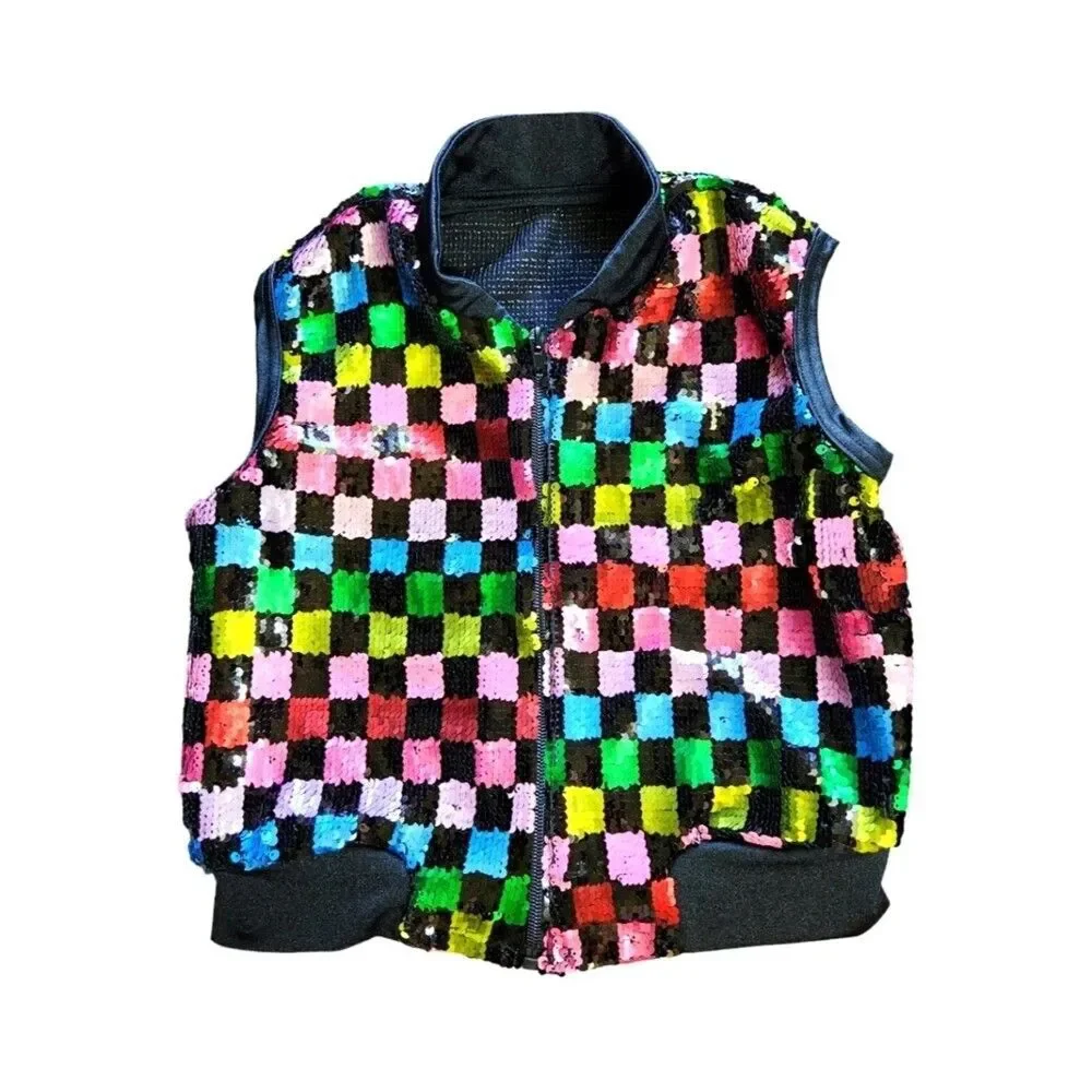 Weissman Child Small Dance Sequin Vest Black w/Sequins Multi Color Blocks